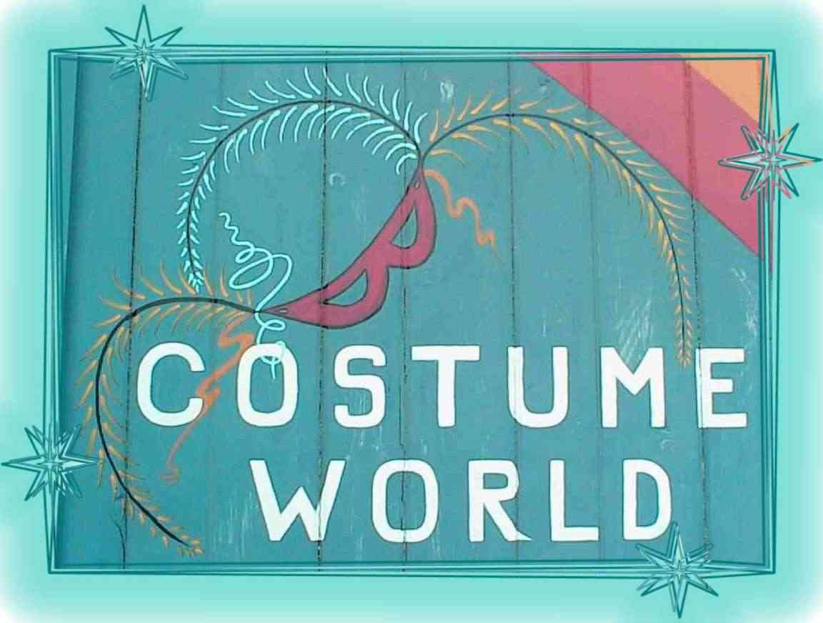 Costume World's logo on the outside of the building.